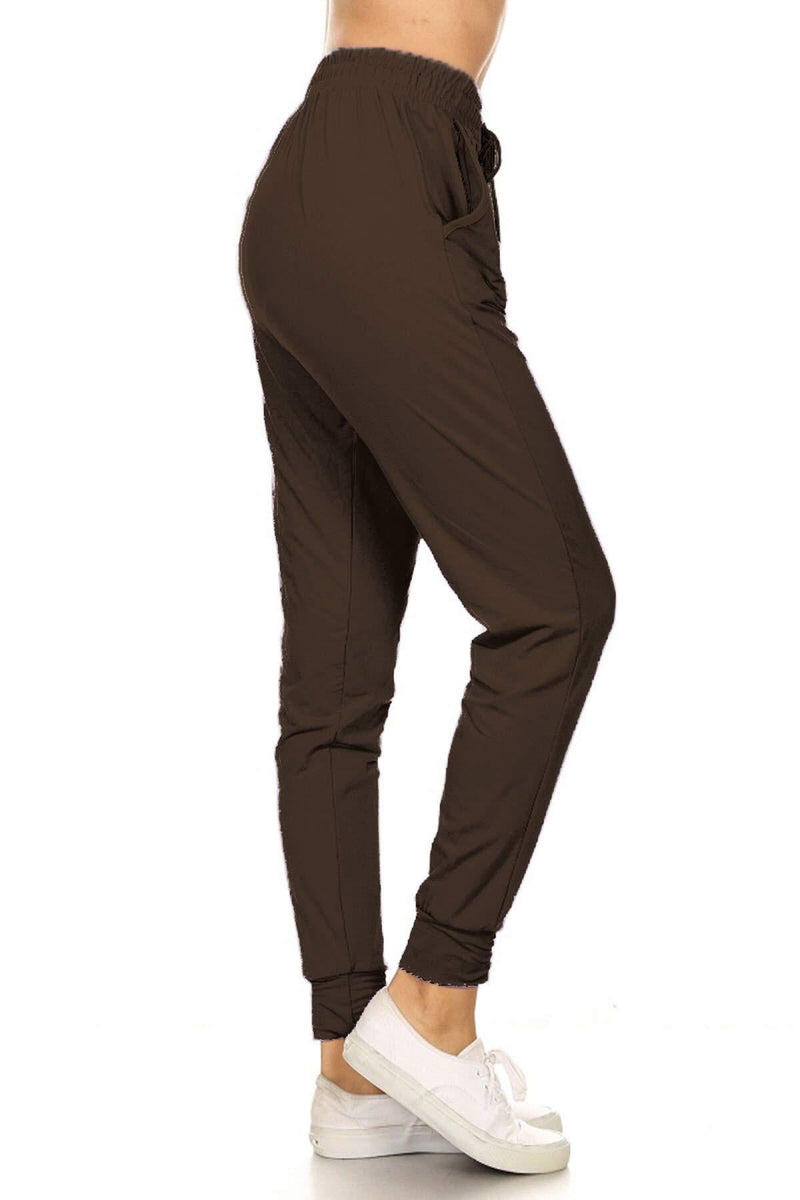 Leggings Depot Women's Printed Solid Activewear Jogger Track Cuff Sweatpants Brown Small