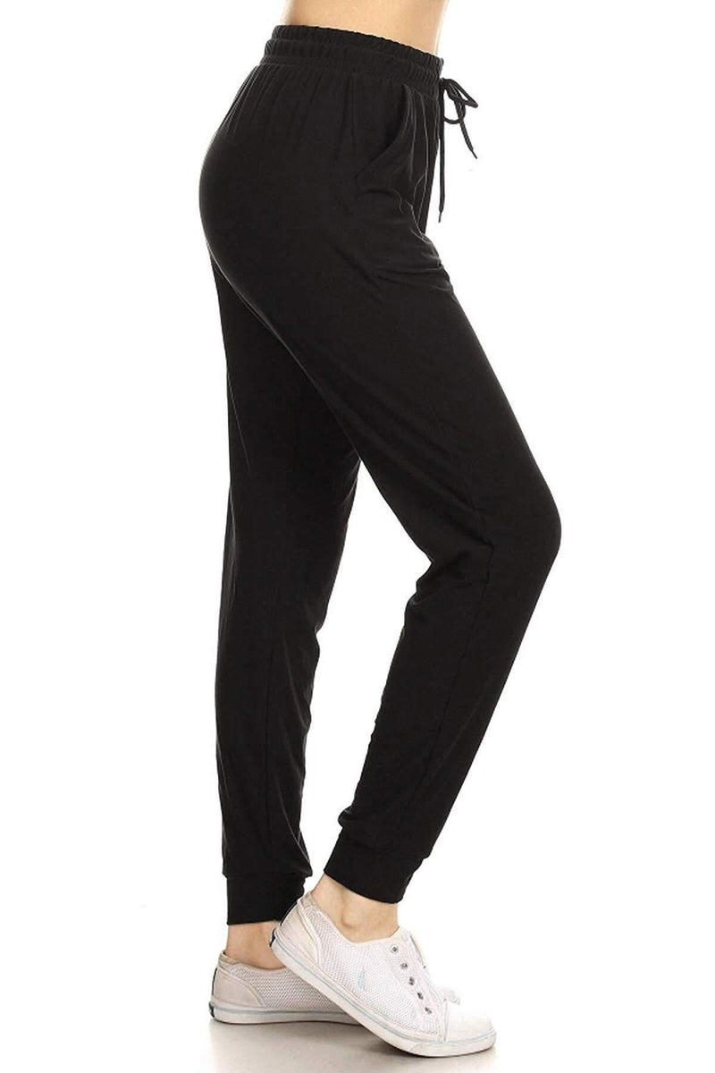 Leggings Depot Women's Printed Solid Activewear Jogger Track Cuff Sweatpants Black Small