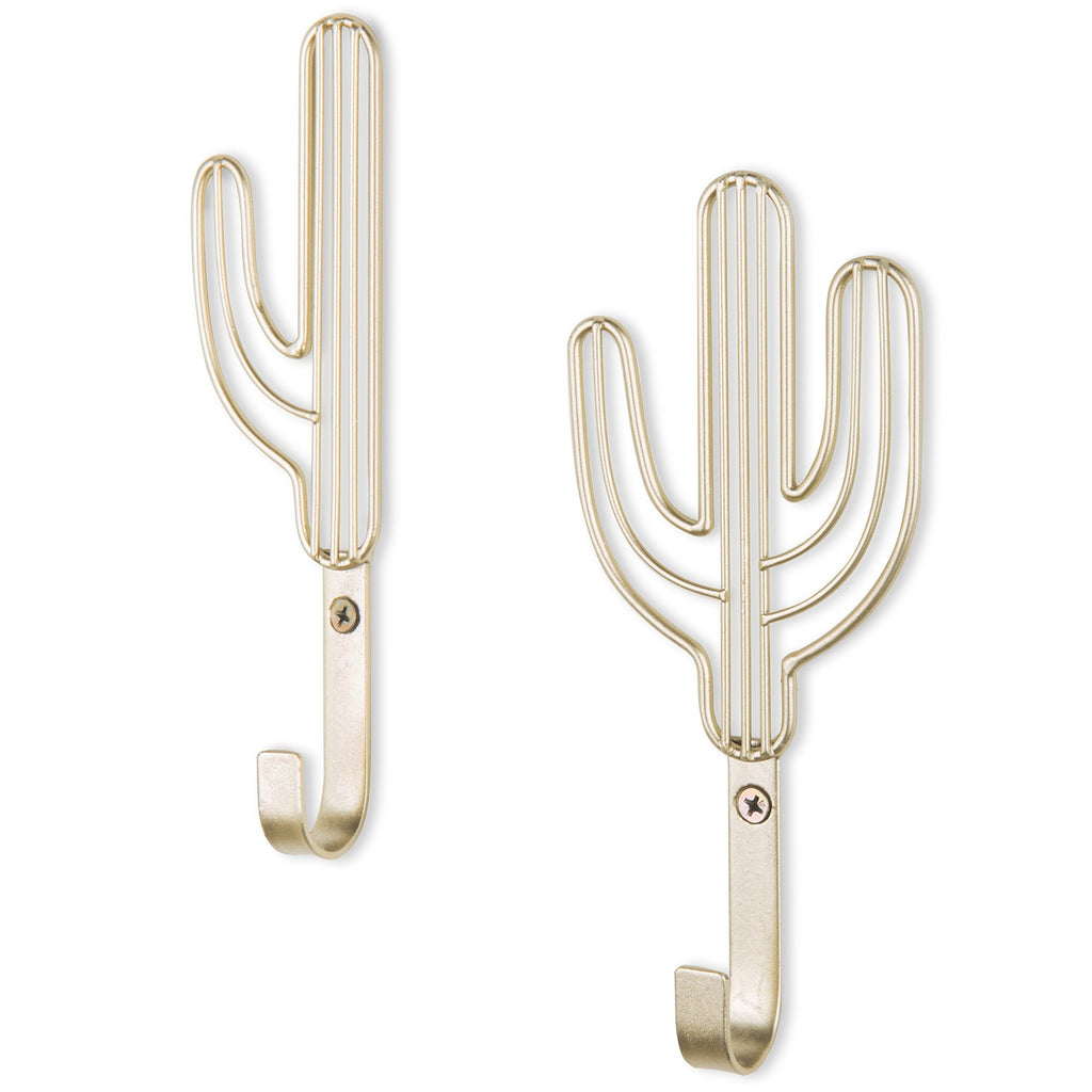 MyGift Set of 2 Wall-Mounted Brass-Tone Metal Cactus Coat Hooks