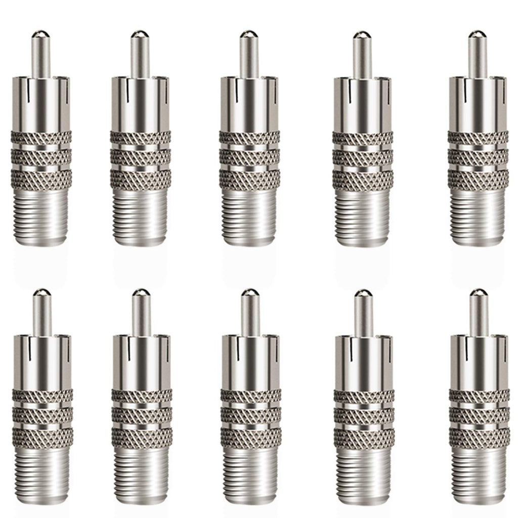 10 Pack F Type Female to RCA Male Coaxial Cable Adapter, Straight Coupler Adapter Connector for Video Audio (Nickel Plated)