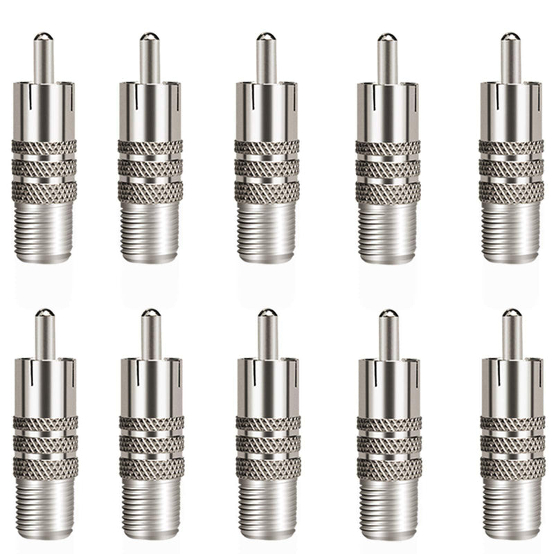 10 Pack F Type Female to RCA Male Coaxial Cable Adapter, Straight Coupler Adapter Connector for Video Audio (Nickel Plated)