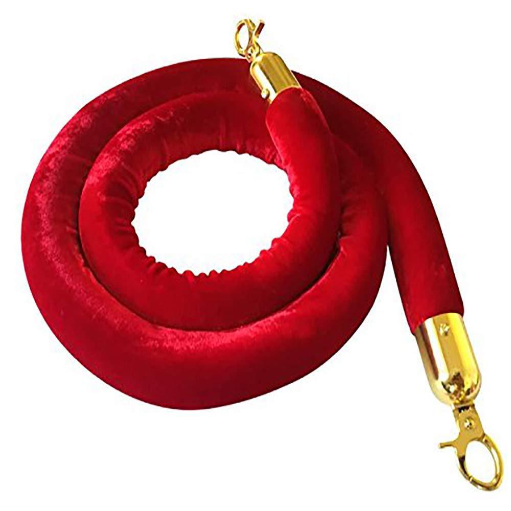 Red Velvet Stanchion Rope Crowd Control Rope Barrier with Gold Color Plated Hooks, 5 Feet