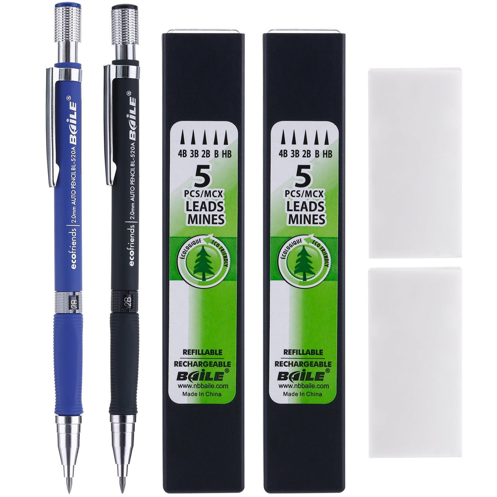 Bememo 2 Pieces Mechanical Pencils 2.0 mm 2B with 2 Case Refills and 2 Pieces Erasers for Draft Drawing, Carpenter, Crafting, Art Sketching (Blue and Black)