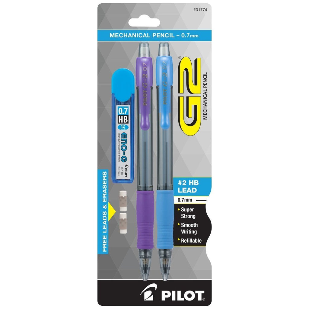 Pilot G2 Mechanical Pencils Set with FREE leads and Erasers, 0.7mm, 2 HB, (1 Purple, 1 Periwinkle)