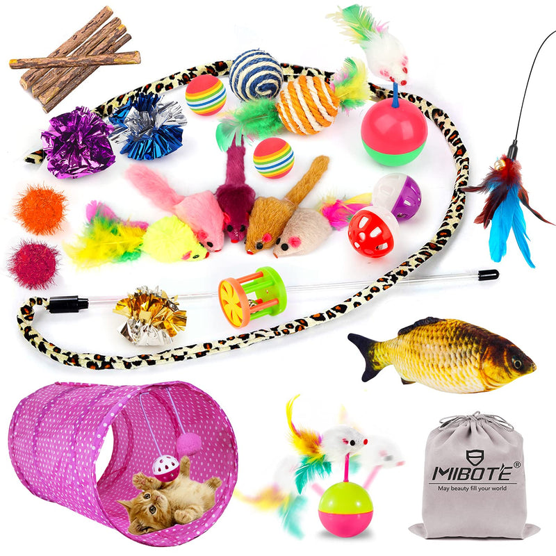 Mibote 28 Pcs Cat Toys Kitten Toys Assorted, Cat Tunnel Catnip Fish Feather Teaser Wand Fish Fluffy Mouse Mice Balls and Bells Toys for Cat Puppy Kitty with Storage Bag Basic