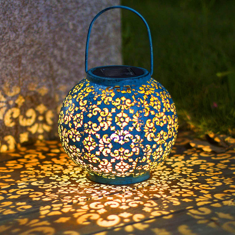 Solar Big Lantern Hanging Garden Outdoor Lights Metal Waterproof LED Table Lamp Decorative Blue
