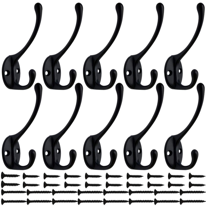 10 Pack Heavy Duty Dual Coat Hooks Wall Mounted with 40 Screws Retro Double Hooks Utility Black No Rust Hooks for Coat, Scarf, Bag, Towel, Key, Cap, Cup, Hat (Black)
