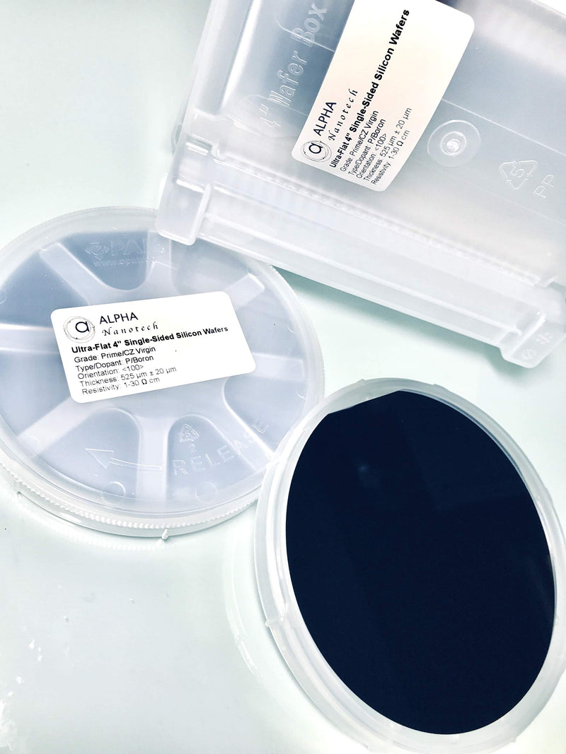 Alpha Nanotech Prime-Grade SSP 4'' Silicon Wafers (525 um, 1-30 ohm·cm, Qty: 1) 4'' Ultra-Flat Prime-Grade Double-Side Polished Silicon Wafer in a Wafer Carrier (FBM)