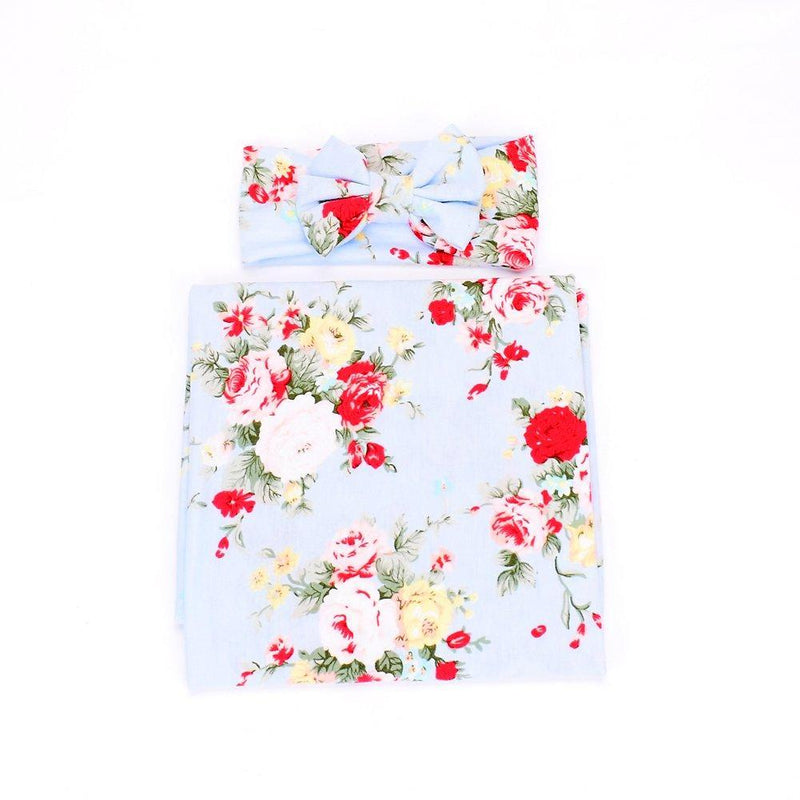 Newborn Receiving Blanket Headband Set Flower Print Baby Swaddle Receiving Blankets Galabloomer Light Blue