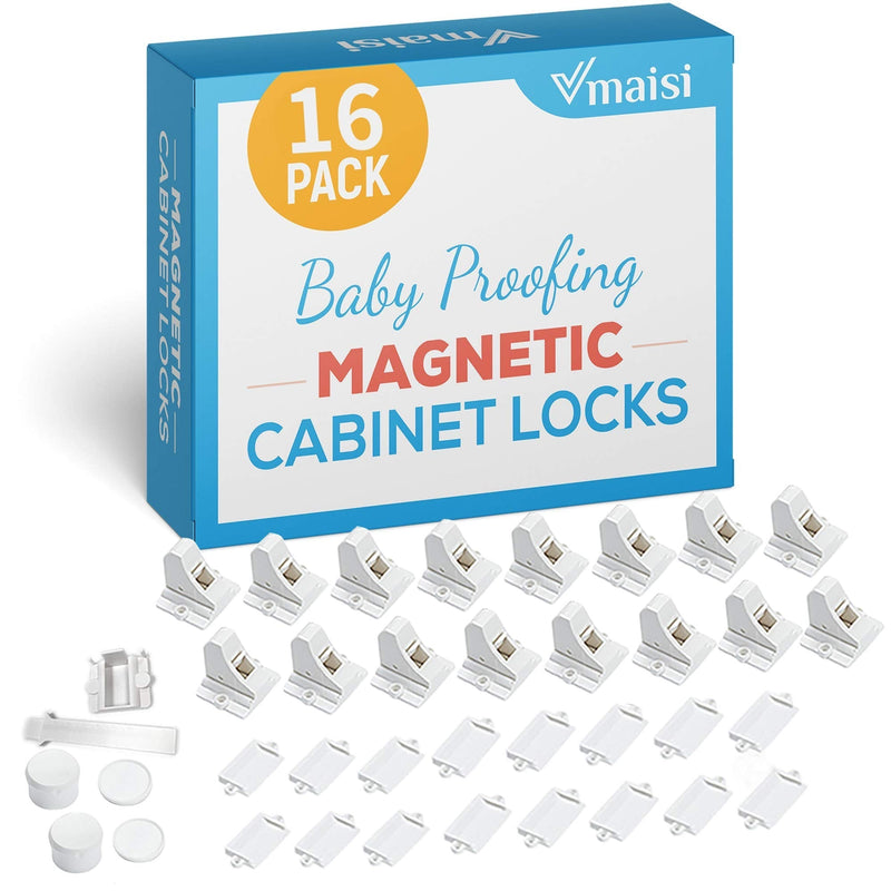 16 Pack Child Safety Magnetic Cabinet Locks - Vmaisi Children Proof Cupboard Baby Locks Latches - Adhesive for Cabinets & Drawers and Screws Fixed for Durable Protection