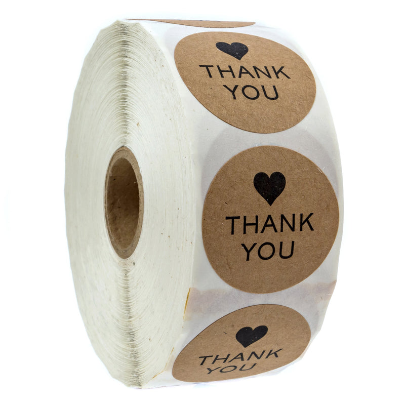 1" Round Kraft Thank You Heart Stickers / 1,000 Labels per Roll