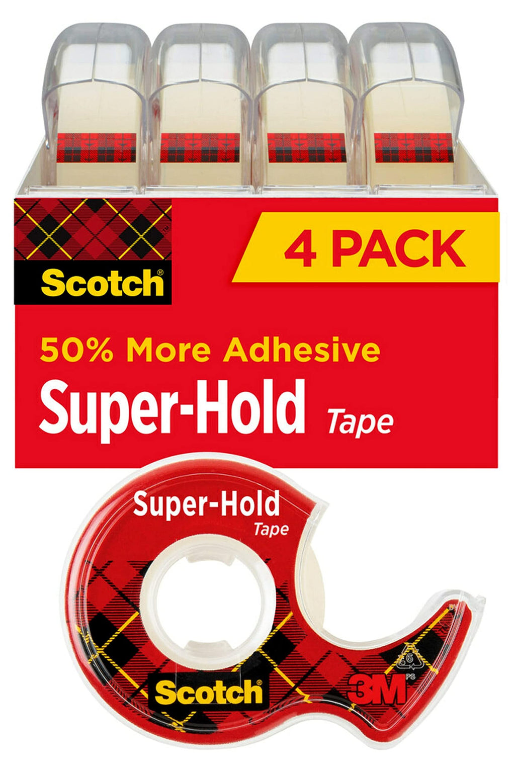 Scotch Super-Hold Tape, 4 Rolls, Transparent Finish, 50% More Adhesive, Trusted Favorite, 3./4 x 650 Inches, Dispensered (4198)