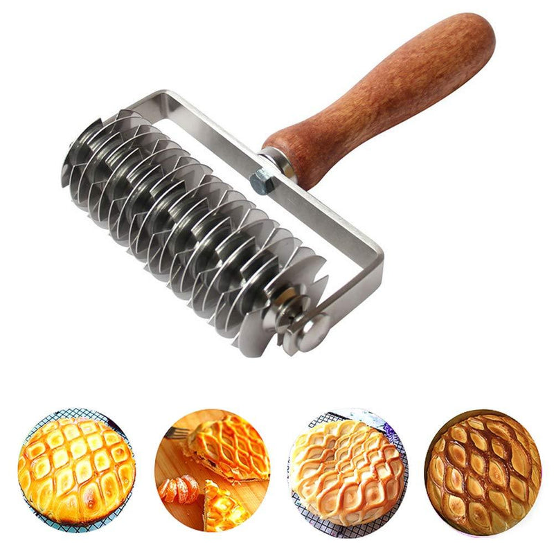 AMPSEVEN Stainless Steel Dough Lattice Top Cookie Pie Pizza Bread Pastry Crust Roller Cutter,Wood Handle