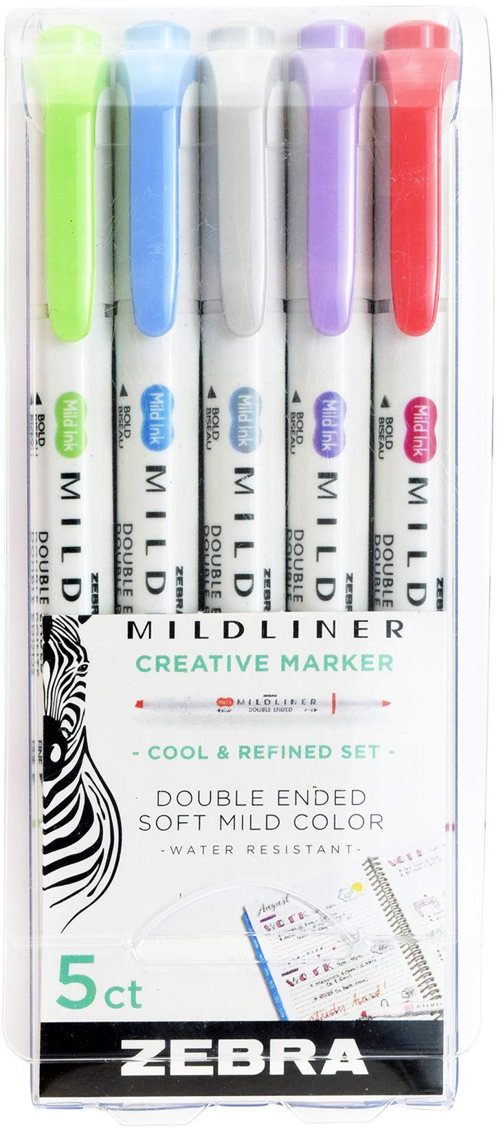 Zebra Pen Mildliner Double Ended Highlighter Set Broad and Fine Point Tips, 5 Pack, Cool & Refined