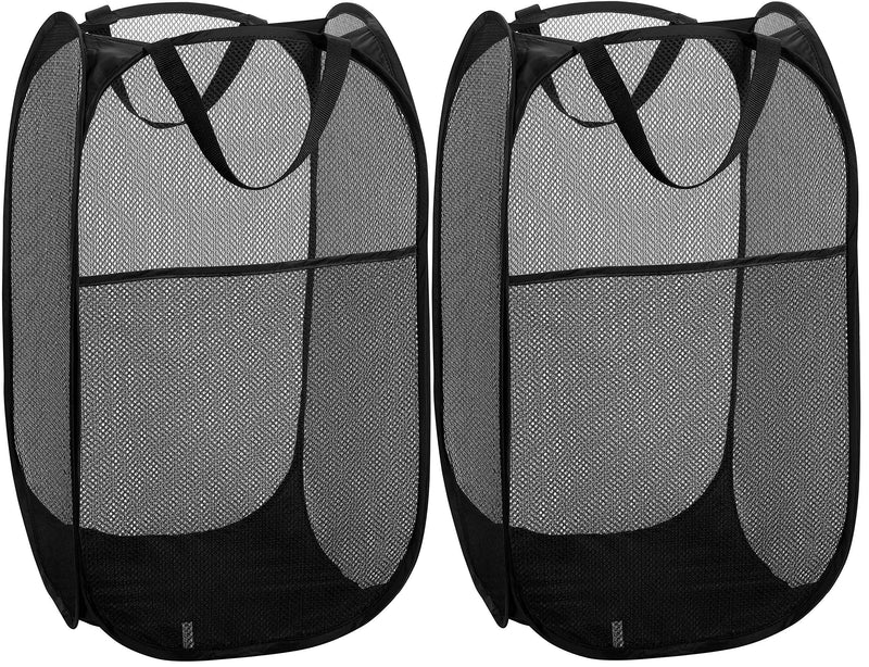 Mesh Popup Laundry Hamper - Portable, Durable Handles, Collapsible for Storage and Easy to Open. Folding Pop-Up Clothes Hampers are Great for The Kids Room, College Dorm or Travel. (Black | Set of 2) Single Hamper, 2-Pack Black