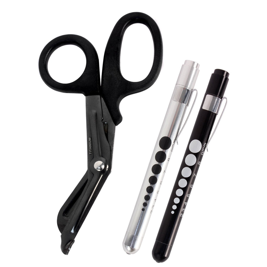 MediTac Autoclavable Titanium-Bonded EMT Trauma Shears – 7 ¼” Black Medical Bandage Scissors with LED Pen Light Two Pack (Black & Silver) Black & Silver