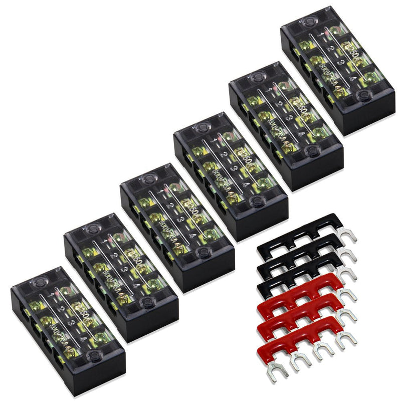 MILAPEAK Terminal Block and Strip - 12pcs (6 Sets) 4 Positions Dual Row 600V 25A Screw Terminal Strip Blocks with Cover + 400V 25A 4 Positions Pre-Insulated Terminals Barrier Strip Black & Red 25A 4P+6pcs Jumpers