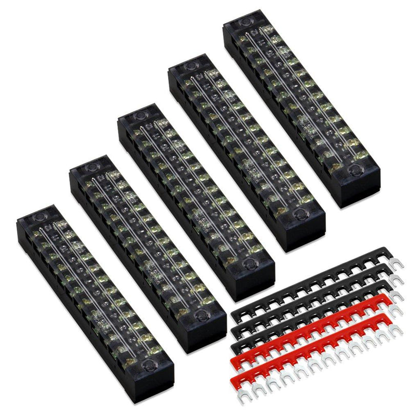 10pcs (5 Sets) 12 Positions Dual Row 600V 15A Screw Terminal Strip Blocks with Cover + 400V 15A 12 Positions Pre-Insulated Terminals Barrier Strip (Black & Red) by MILAPEAK 15A 12P+5pcs Jumpers
