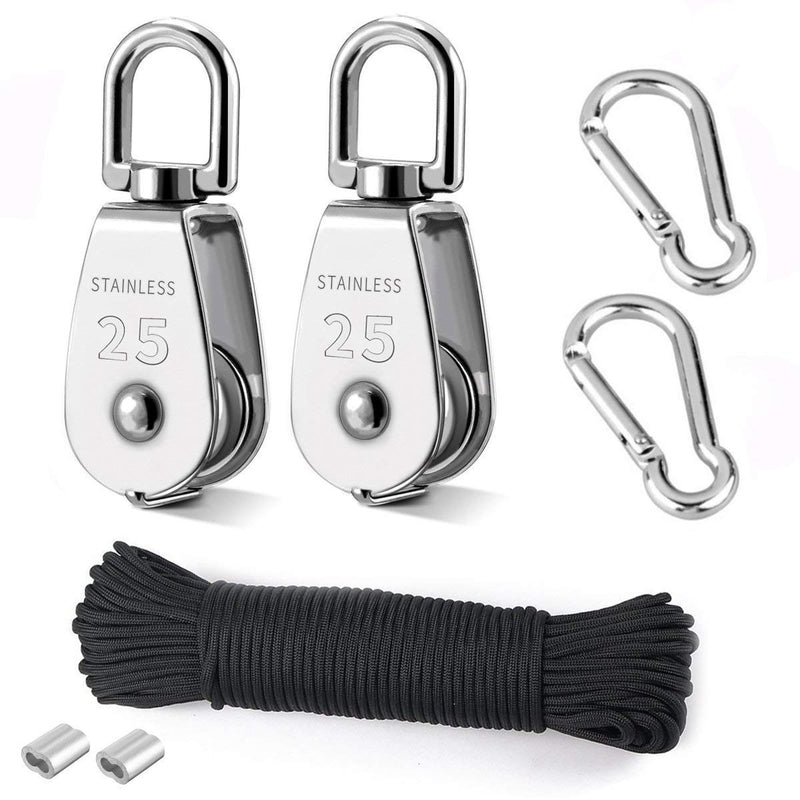 TooTaci 25MM Pulley Block System for Lifting with Rope and Hooks, 2pcs 304 Stainless Steel M25 Lifting Pulley Block Cable Wire Towing Wheel,66ft Nylon Rope & 2 pcs Carabiner Hook 4MMrope