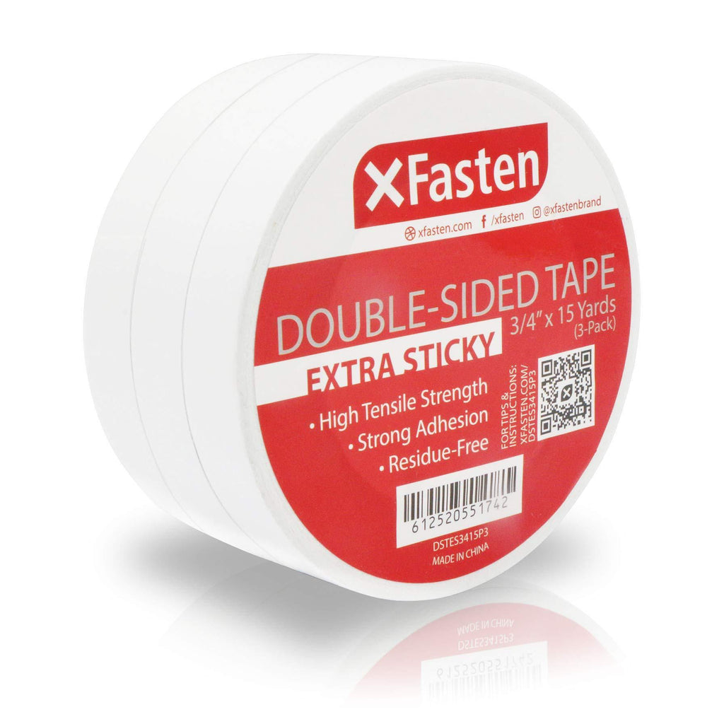 XFasten Extra Strength Double-Sided Tape, White, 3/4-Inch x 15-Yard (Pack of 3) - Extra Sticky for Heavy Duty Bonding (15 Yards per Roll) 3/4-Inches x 15-Yards (3-Pack)