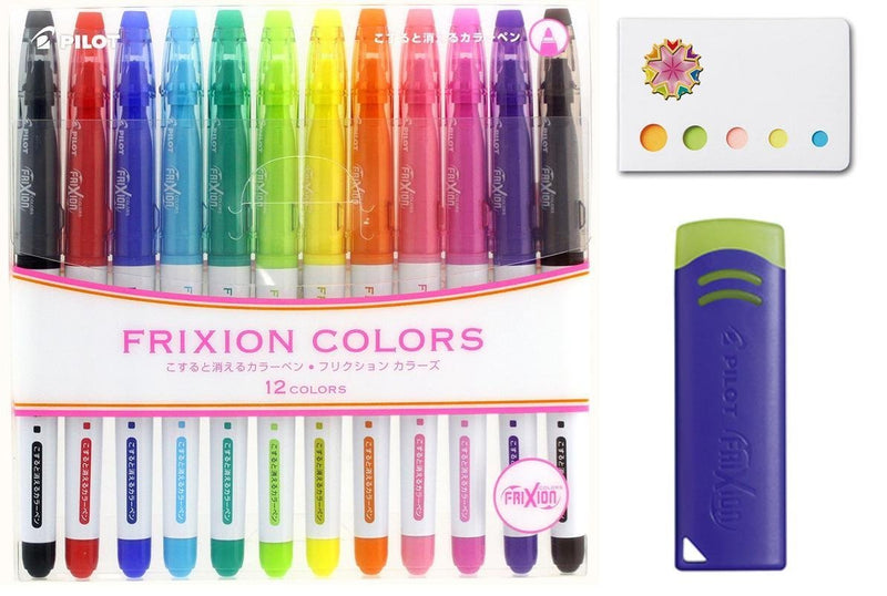 Pilot Frixion Erasable Coloring Pens 12 Pack with Sticky notes and 1 blue eraser – Multi Colored Dry Erase Markers, Comfy Grip, Retractable Clip On Cap – For Home, School, Students, Kids, Drawing