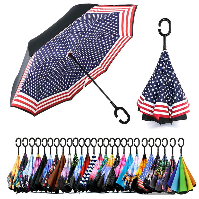 Spar. Saa Double Layer Inverted Umbrella with C-Shaped Handle, Anti-UV Waterproof Windproof Straight Umbrella for Car Rain Outdoor Use American Flag