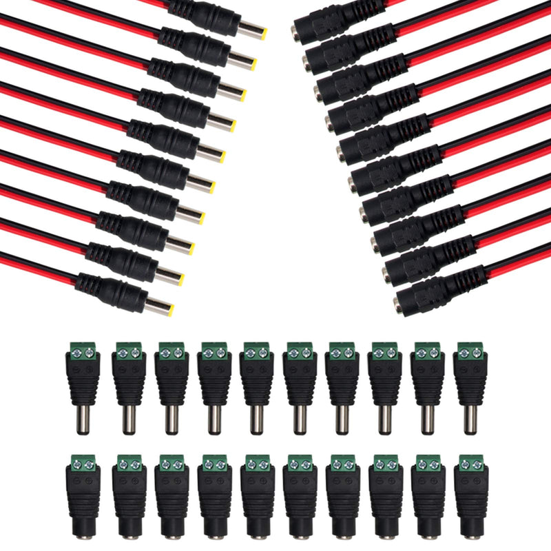 (Real 18AWG 43x2pcs Strands) 10 Pairs DC Power Pigtail Cable 12V 5A Male & Female + 10 Pairs DC Power Jack Plug Adapter Connector for CCTV Home Security Surveillance by MILAPEAK (2.1mm x 5.5mm)