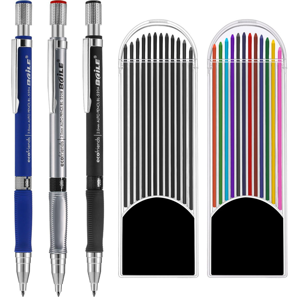 Jovitec 3 Pieces 2.0 mm Mechanical Pencil with 2 Cases Refills, Color and Black Refills for Draft Drawing, Writing, Crafting, Art Sketching