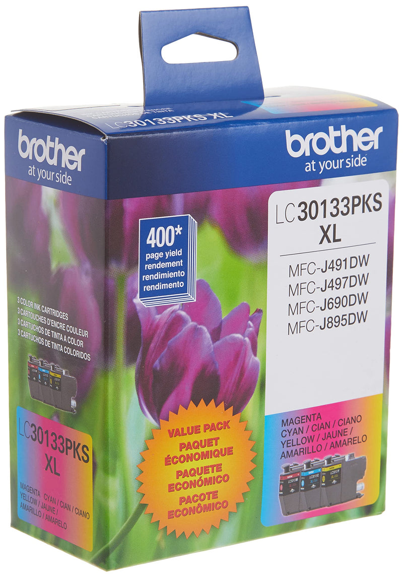 Brother Printer Genuine LC30133PKS 3-Pack High Yield Color Ink Cartridges, Page Yield Up to 400 Pages/Cartridge, Includes Cyan, Magenta and Yellow, LC3013 3 Color Ink