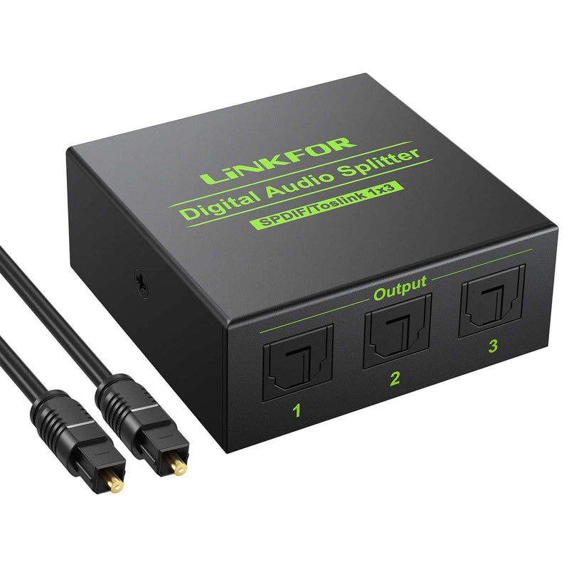 LiNKFOR Digital Optical Audio 1x3 Splitter Digital SPDIF Toslink Optical Fiber Audio Splitter 1 in 3 Out Aluminum Alloy with Optical Cable Support 5.1CH Dolby-AC3 DTS for PS3 Blue-Ray DVD HDTV Optical 1X3 Green