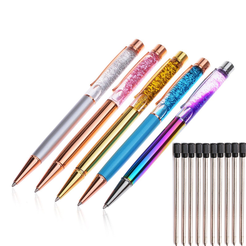 Liquid Sand Pen Ballpoint Pens 5 Pcs Metal Pen Refills Bling Dynamic Liquid Sand Pen Black Ink +10Pcs 2.75'' Ballpoint Pen Refills (5 Color) 5 Color