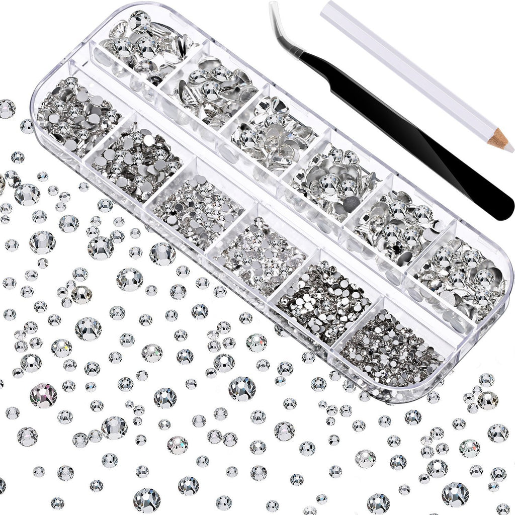 TecUnite 2000 Pieces Flat Back Gems Round Crystal Rhinestones 6 Sizes (1.5-6 mm) with Pick Up Tweezer and Rhinestones Picking Pen for Crafts Nail Face Art Clothes Shoes Bags DIY (Clear)