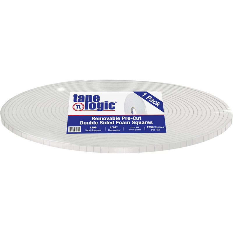 Boxes Fast Tape Logic Removable Double Sided Foam Squares, 1/16" Thick, 1/2 X 1/2", White, (1 Roll of 1296)