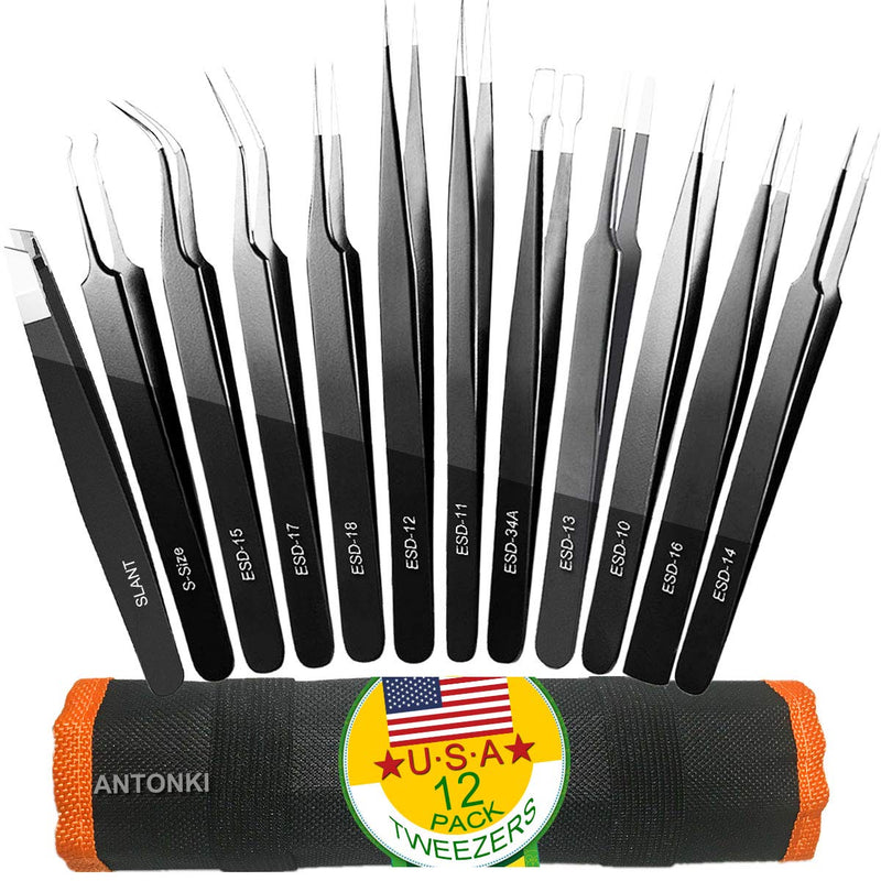 Tweezers, Precision Tweezer Set, Craft Tweezers, Soldering Tweezers, Jewelry Tweezers, Ingrown Tweezers, Eyelash Extension Tweezers, Eyebrow Tweezers - 12 Pack Super Valued Set with Handy Case 12 Pack Precision Tweezers w/ Case - Orange