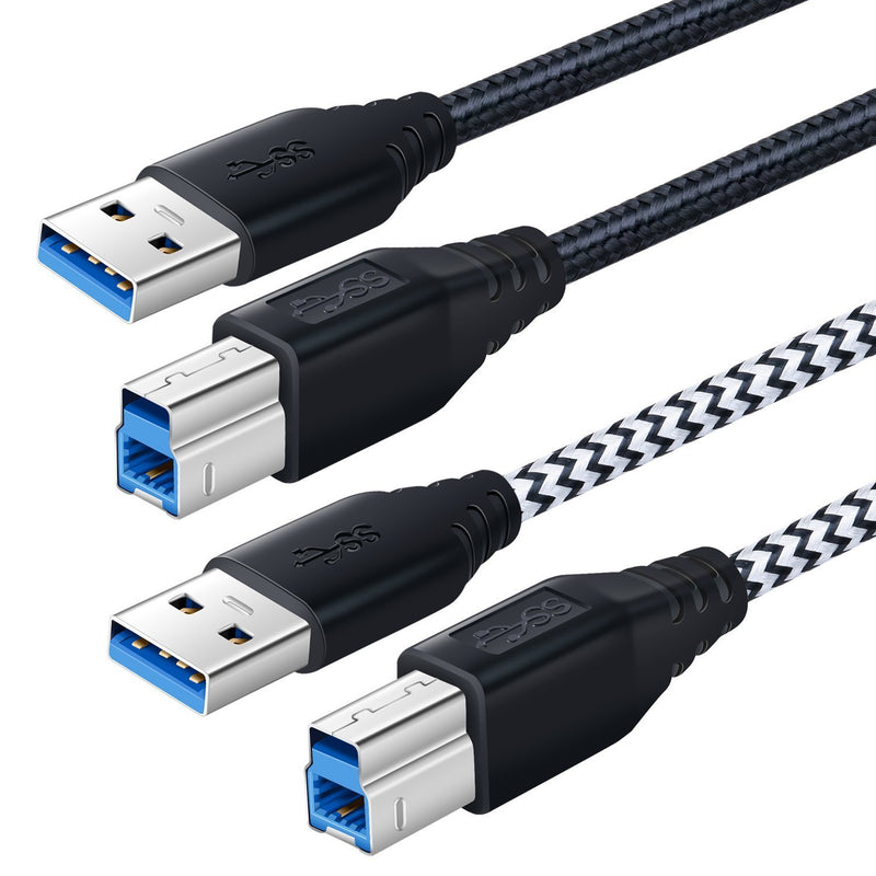 USB 3.0 Cable A Male to B Male 6Ft, OKRAY 2 Pack Durable Nylon Braided Superspeed USB 3.0 A to B Cable Compatible for Hard Disk Drive, Scanner, USB Hub, Monitor and More(Black, White) Black,White