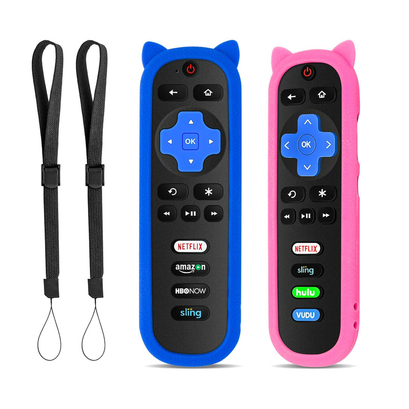 ï¼ˆPack of 2ï¼‰ Blue + Pink Silicone Protective Soft Cases Covers Compatible with RC280 TCL ROKU TV Remote Control with Wrist Strap Cute Cat Ear Shape Case only pink and blue