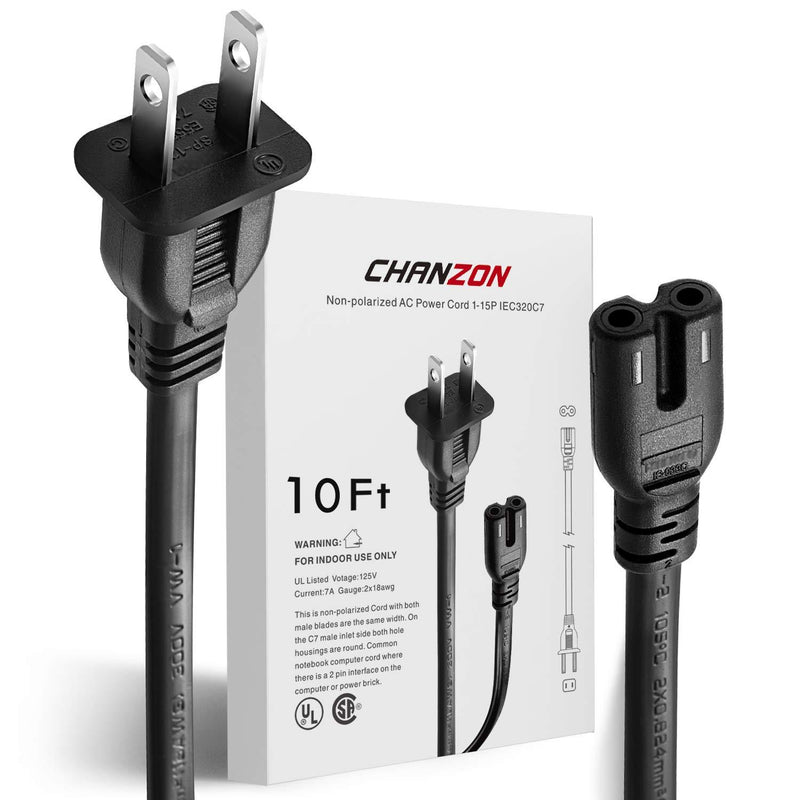 Chanzon UL Listed 10ft TV Power Cord for Samsung LG TCL Toshiba Hisense Cannon Pixma HP Dell Epson Printer Sony Playstation PS4 PS5 PS2 PS3 PS2 Xbox One Universal Replacement Cable 2 Prong AC 7A Plug