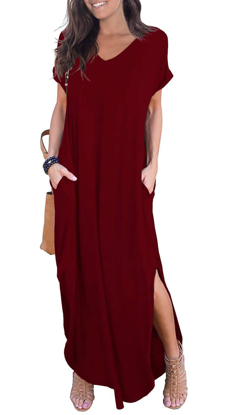 GRECERELLE Women's Casual Loose Pocket Long Dress Short Sleeve Split Maxi Dresses X-Small 02 Wine Red
