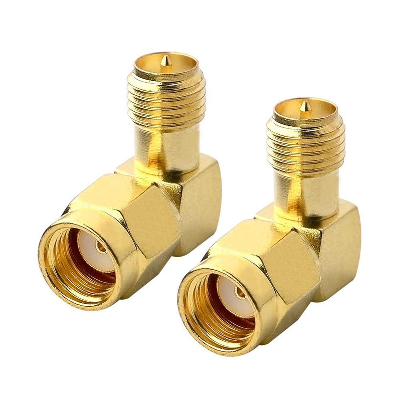 BOOBRIE 90 Degree Reverse Polarity SMA Coax Adapter RP SMA Male (Hole) to RP SMA Female (Pin) Right Angle Connector RP-SMA to RP-SMA Adapter for Audio FPV Drone Antennas Radio Video Mobile Pack of 2