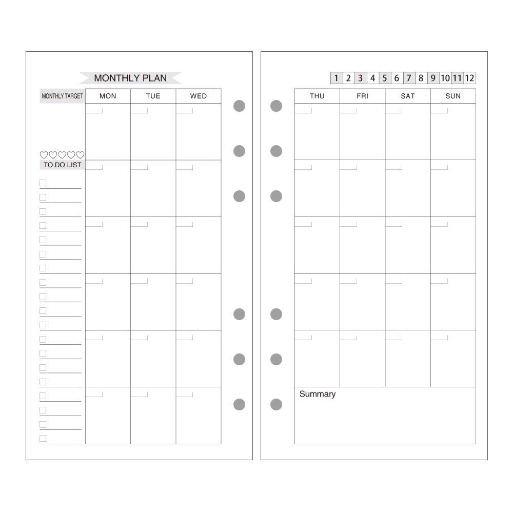 EvZ A6 Refill Month Planner Paper, 6 Holes Ring Binder Filler for 7 Inches Refillable Journal Notebook Diary Organizer Planner Inserts, 80 Sheets / 160 Pages