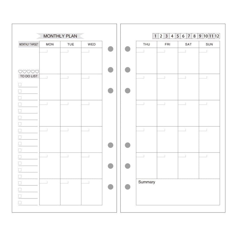 EvZ A6 Refill Month Planner Paper, 6 Holes Ring Binder Filler for 7 Inches Refillable Journal Notebook Diary Organizer Planner Inserts, 80 Sheets / 160 Pages