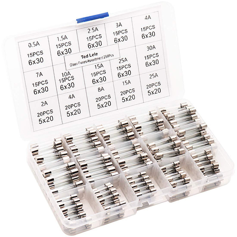 250pcs Quick Blow Glass Tube Fuse Assorted Kit 250V 0.5A, 1.5A, 2.5A, 3A, 4A, 7A, 10A, 15A, 25A, 30A, 6x30mm, 250V 2A, 4A, 8A, 15A, 25A, 5x20mm Ted Lele (5x20mm and 6x30mm)