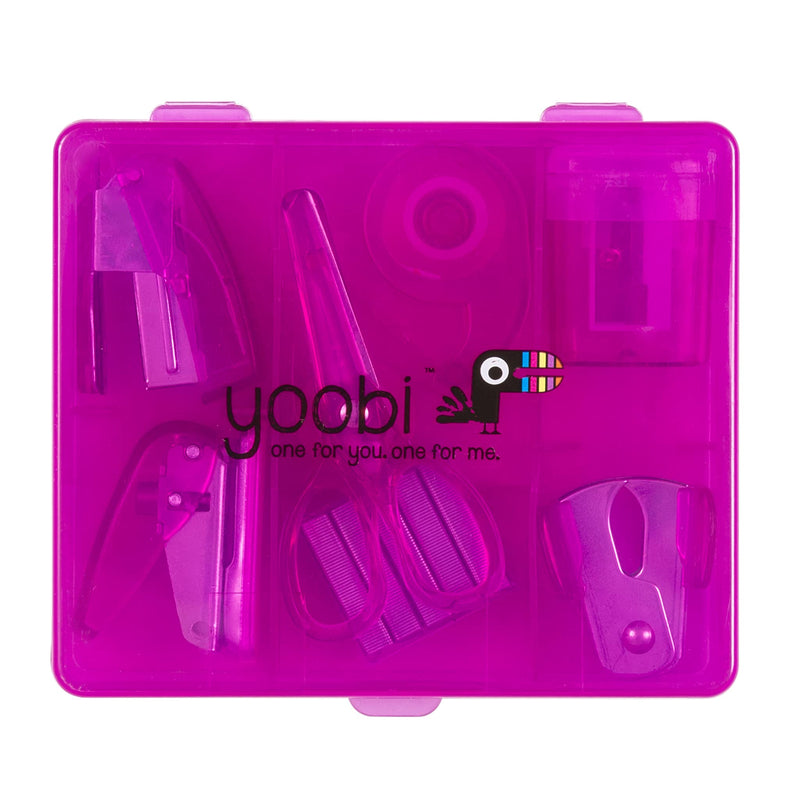 Yoobi Flat Mini Supply Kit | Includes Pencil Sharpener, Scissors, Stapler, Staple Remover, Staples, Tape Dispenser, Hole Puncher and Case | Pink 1 Pack