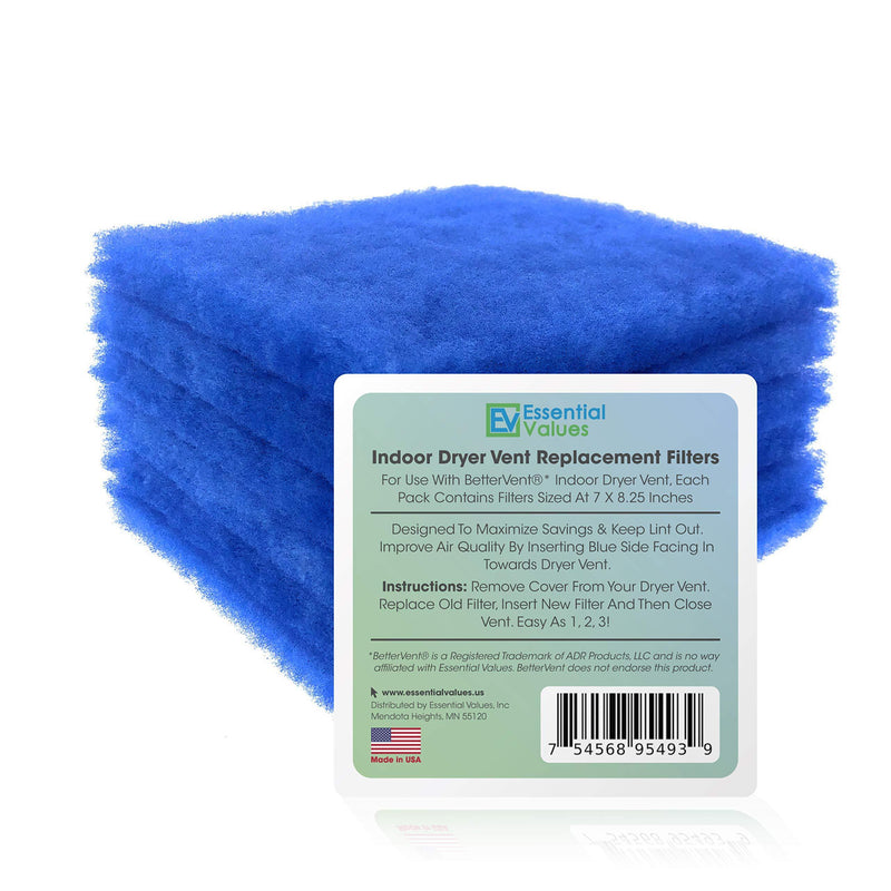 Essential Values 6 Pack Compatible Replacement Filters (30 Dryer Loads) for Bettervent Indoor Dryer Vent
