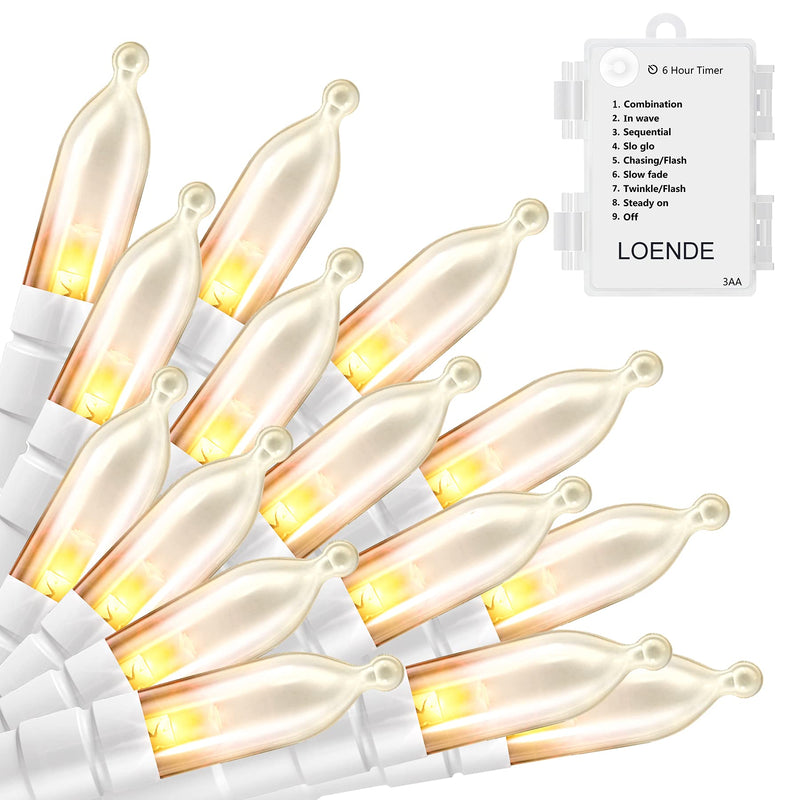 LED Mini Lights with Timer - LOENDE Christmas Lights 18ft 50 LED 8 Modes Battery Operated String Lights White Wire for Indoor Outdoor Wreath Wedding Party Garden Home Decor, Waterproof, Warm White 1 Pack White Wire Warm White