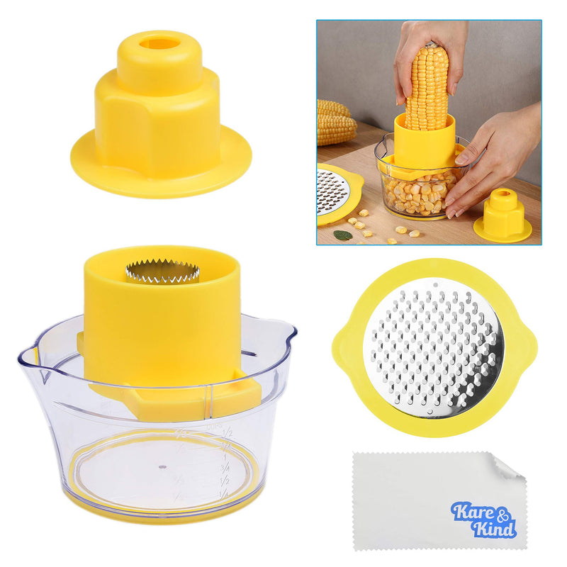 Corn Stripper/Potato Peeler and Fruit/Vegetable/Chocolate Grater with Measuring Bowl - Space Saving Design - Non Slip Silicone Bottom - Dishwasher Safe - No Electricity, No Noise 4 In1 Stripper