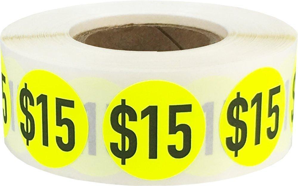 $15 Price Stickers Fluorescent Yellow .75 Inch Round Circle Dots 500 Total Adhesive Stickers