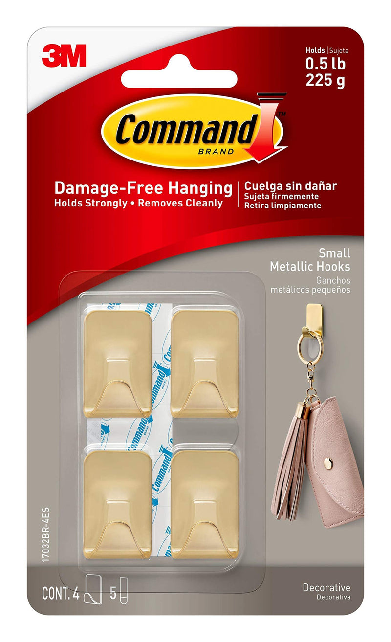 Command Small Metallic Hooks, Brass Color, 4-Hooks, 5-Strips, Decorate Damage-Free 4 Hooks