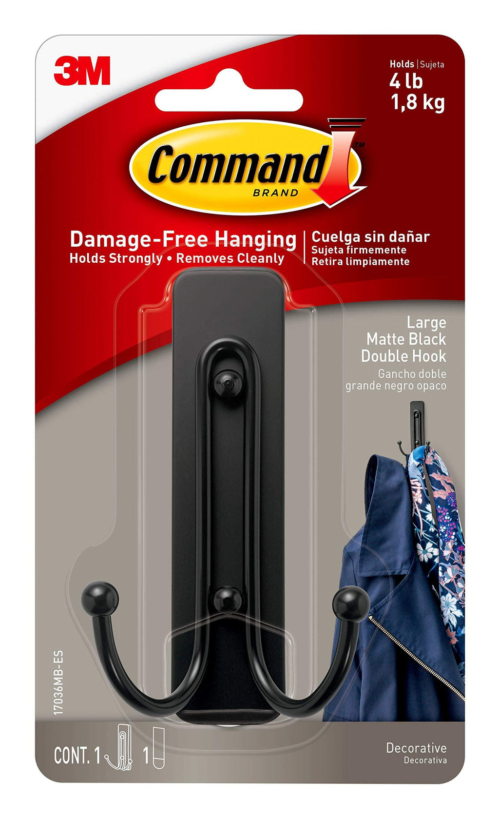 Command Large Double Wall Hook, Matte Black, Decorate Damage-Free