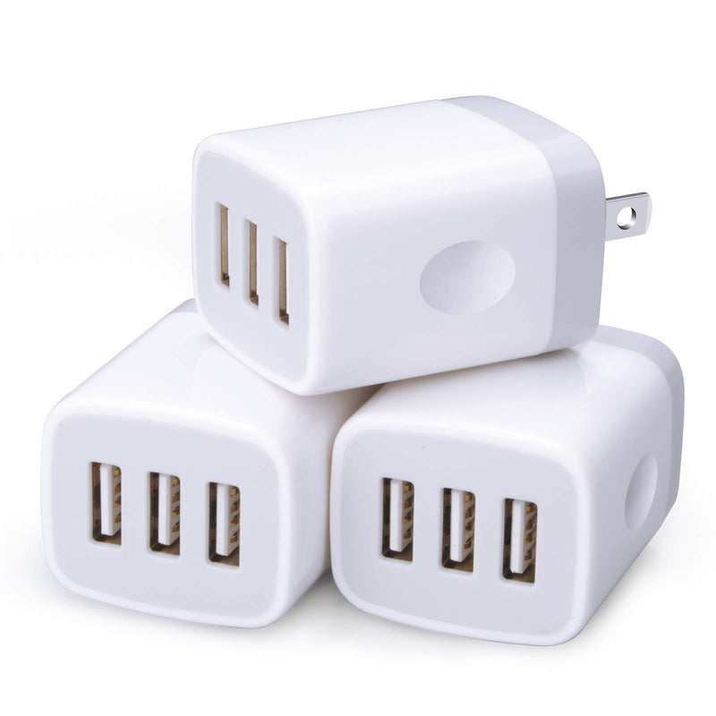 USB Charging Plug, Wall Charger Adapter,Sicodo 3Pack Universal Travel 3.1A 3 Muti Port Fast Charging Block Compatible with iPhone 12 SE 2020 11 Xs Max XR 8,Tablet,Samsung GalaxyS10,S9,Edge,HTC,Google 3Pack-White